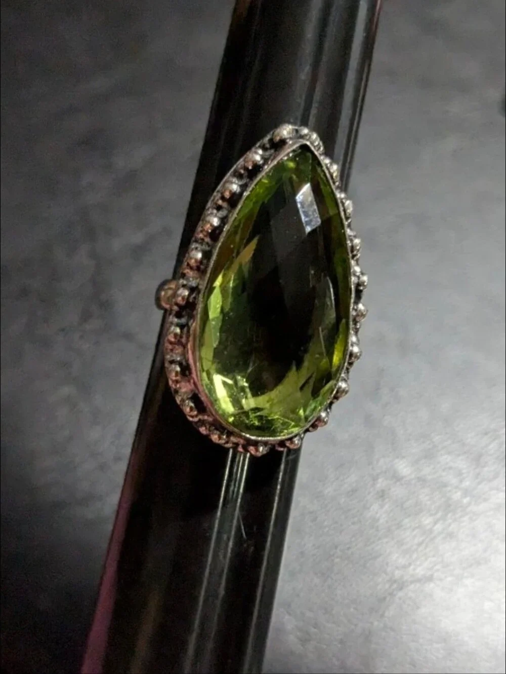 Handcrafted Green Amethyst Oversized Faceted Teardrop Ring  (7)